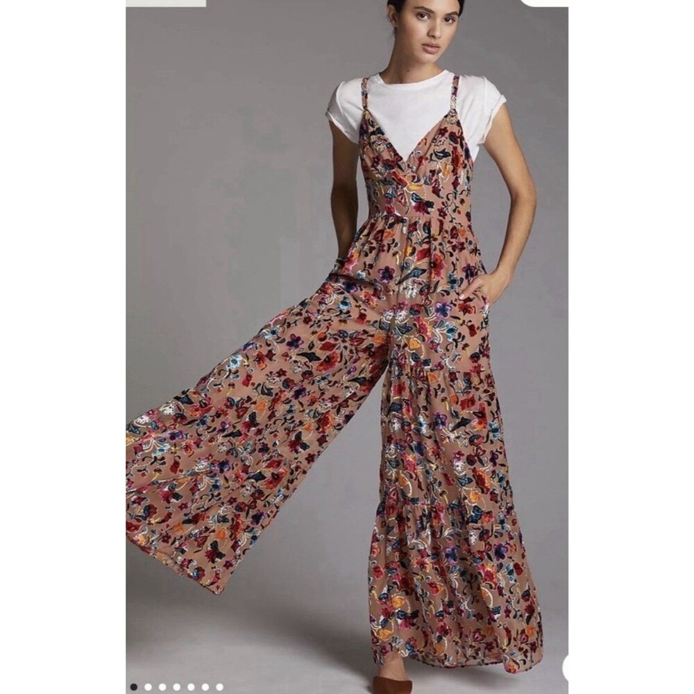 Flounced Floral Burnout Velvet Jumpsuit Size 8